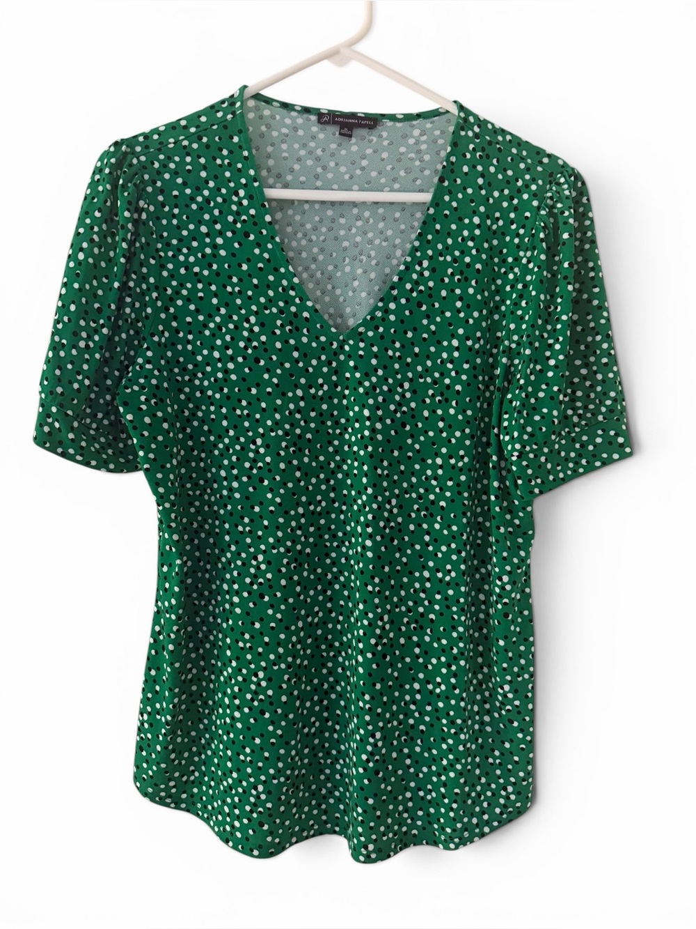 Adrianna Papell Green Polka Dot V Neck Blouse Size Medium